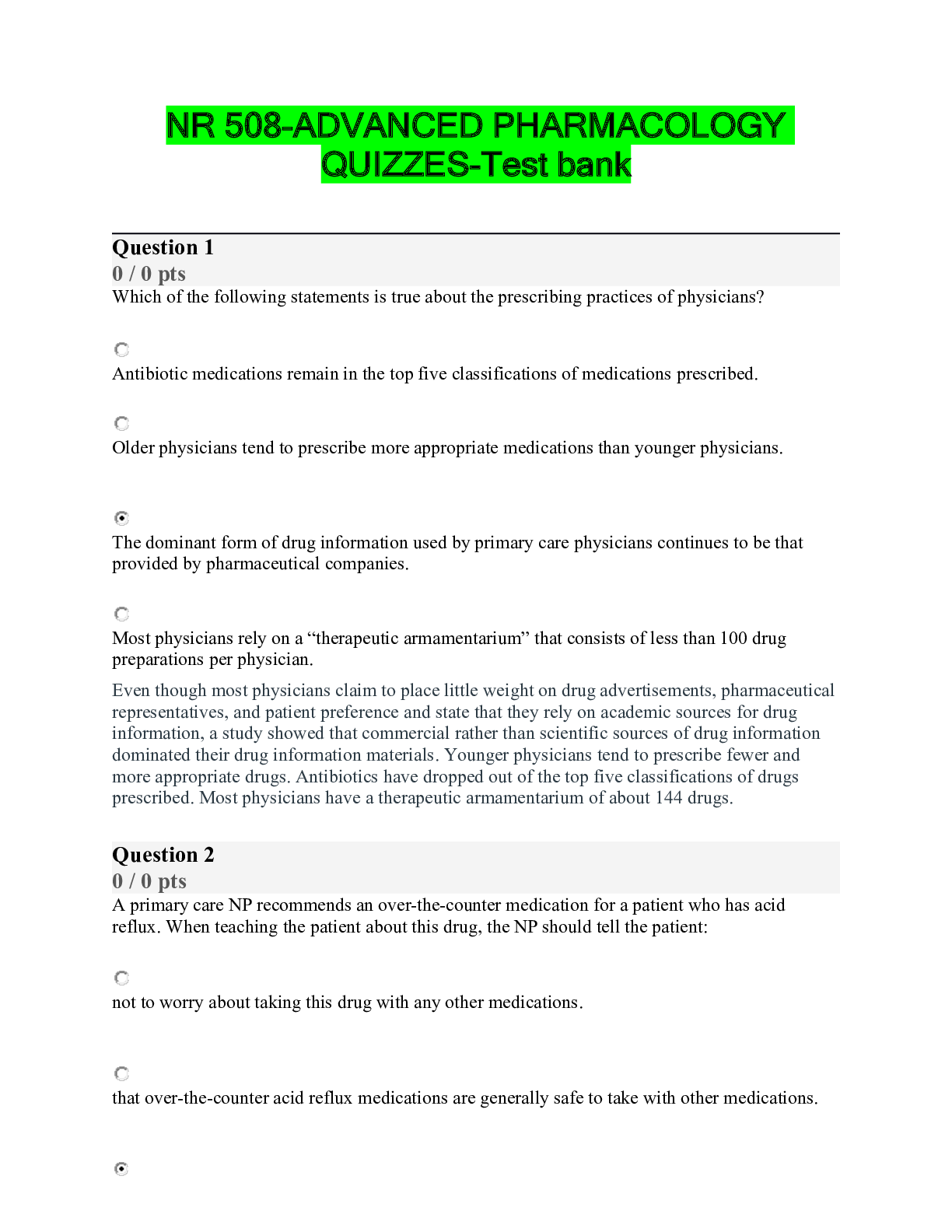 Preview of NR 508-ADVANCED PHARMACOLOGY QUIZZES-Test bank